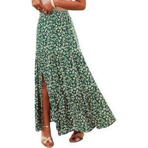Boho Chic Dark Green Floral Maxi Skirt - Flowing A-Line Design with Pockets